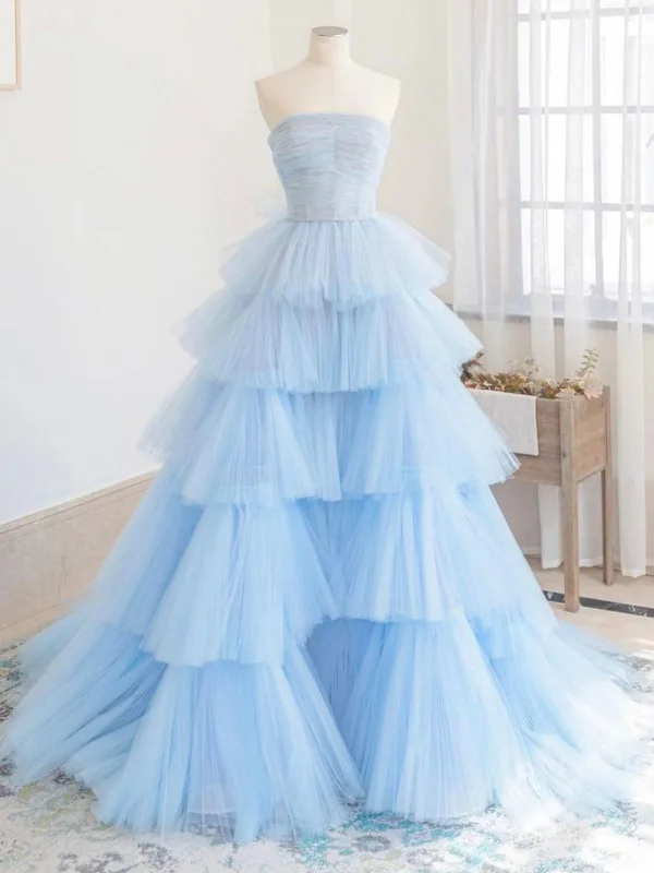 Popular Collection Strapless Layered Light Blue Tulle Long Prom Dresses, Gorgeous Light Blue Formal Evening Dresses, Tulle Ball Gown SP2559