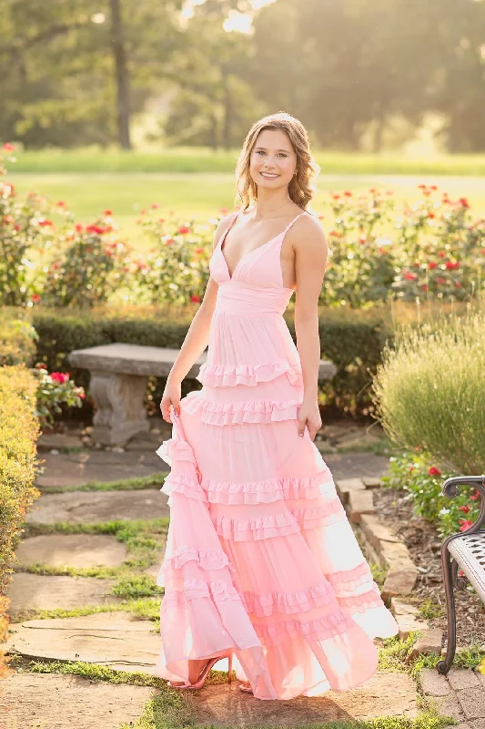 Seasonal Sale Straps Pink Chiffon Tiered Long Maxi Dress