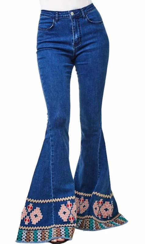 Holiday Attire Sale Embroidered Denim Bell Bottom In Blue