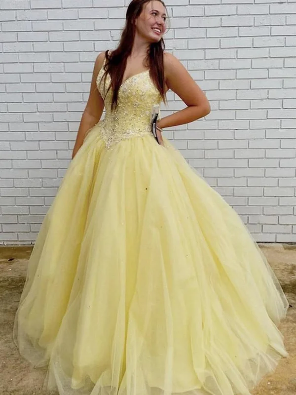 Comfortable Chic Gorgeous V Neck Beaded Yellow Long Prom Dresses, V Neck Yellow Formal Dresses, Yellow Evening Dresses, Ball Gown