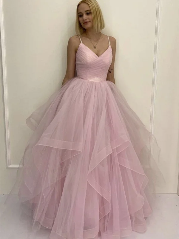 Brand Name Clothing Discount Extravaganza V Neck Fluffy Pink Long Prom Dresses, V Neck Pink Formal Evening Dresses, Pink Ball Gown