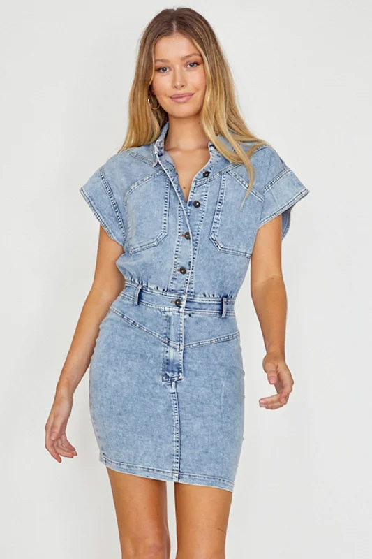 Laid-Back Elegance New Day Short Sleeve Button-Up Mini Dress Denim