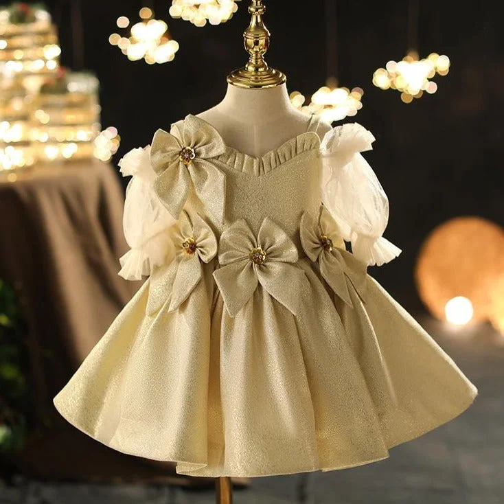 Fashion Frontiers Toddler Ball Gowns Little Girl Flower Puff Sleeves Champagne Bow Princess Dress