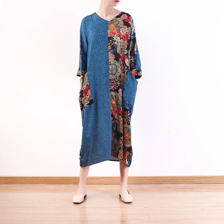 Classic Appeal fashion blue natural chiffon dress casual patchwork prints caftans fine silk o neck maxi dresses