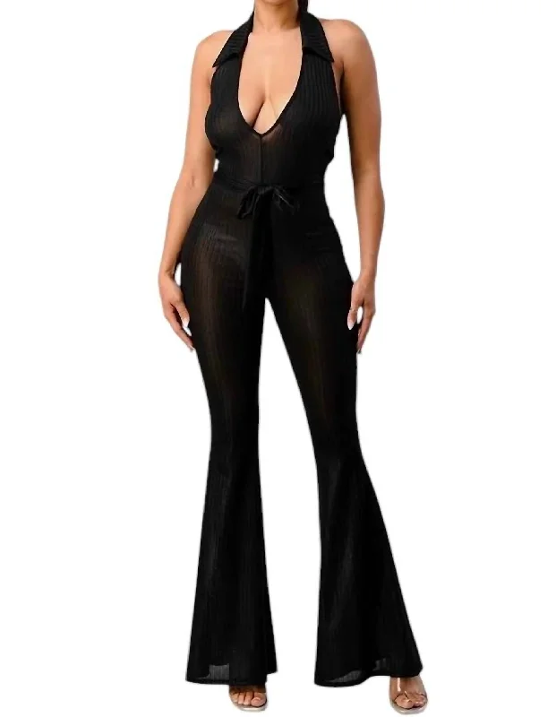 Fashion For Every Occasion Lurex Rib Deep V-Line Disco Jumpsuit In Black