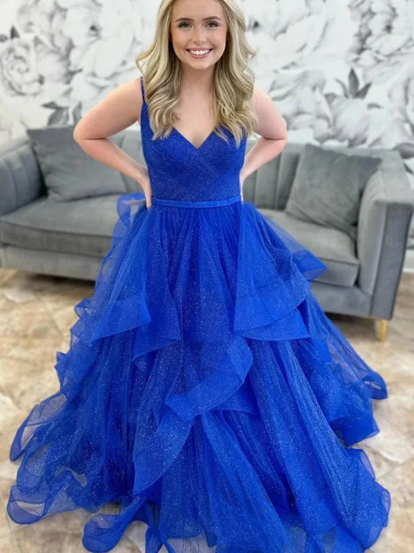 Trending Items Shiny V Neck Blue Tulle Long Prom Dresses, Fluffy Blue Formal Evening Dresses, Blue Ball Gown SP2830