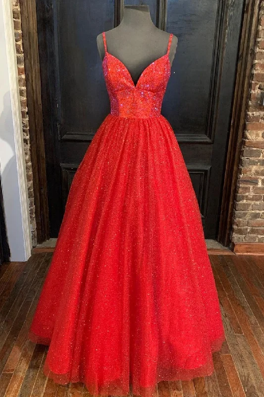 Big Savings On Rustic Countryside Styles Sraps A-line Red Shiny Tulle Prom Gown