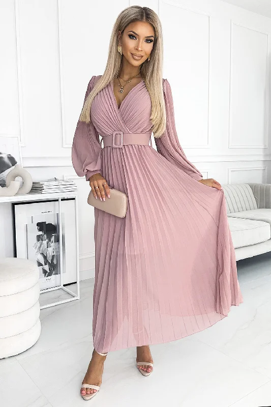 Casual Dresses for Women Numoco Basic 414-2 KLARA pleated dress with a belt and a neckline - powder pink Casual Dresses for Women Numoco Basic 414-2 KLARA pleated dress with a belt and a neckline - powder pink