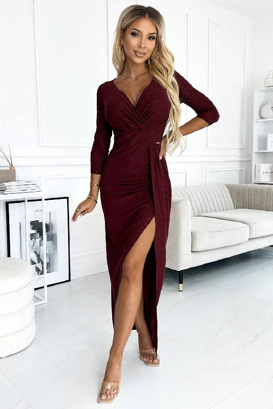 Stylish Women's Garments Numoco 404-5 Shiny dress with a neckline and a slit on the leg - Burgundy color