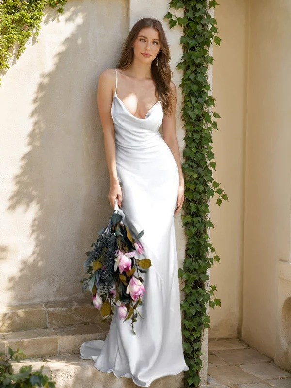 Huge Discounts This Week Sheath/Column Spaghetti Straps Sleeveless Ruched Wedding Dresses