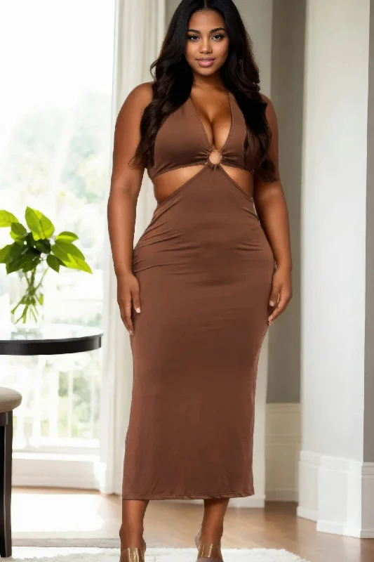 Day-To-Night Styles Plus Size Cut-out Halter Neck Double Back Tie Split Thigh Midi Dress