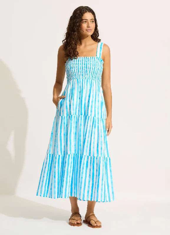 Lighten Up With Nordic Styles Shirred Midi Dress - Turquoise