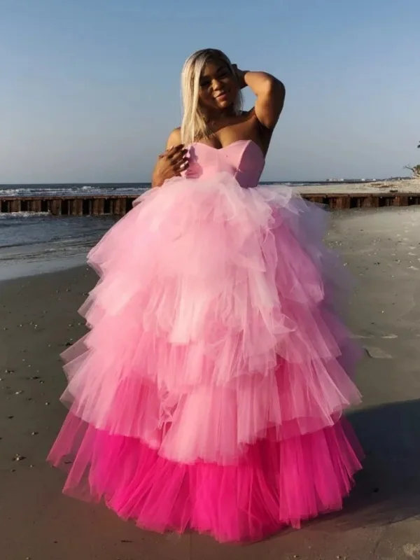 Fashion For Every Occasion Strapless Layered Pink Tulle Long Prom Dresses, Fluffy Pink Formal Evening Dresses, Pink Ball Gown SP2887