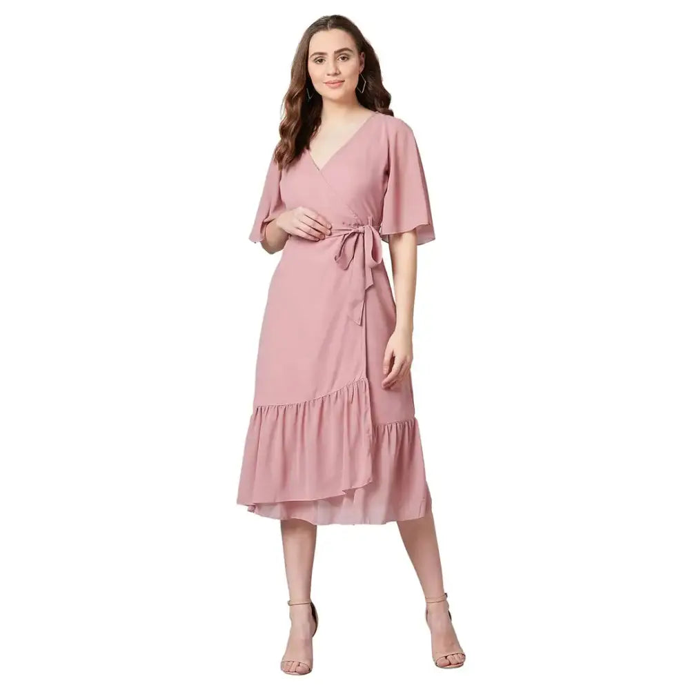 Inspired By You, Designed For You Women's Wrap Georgette Midi Dress (Peach)