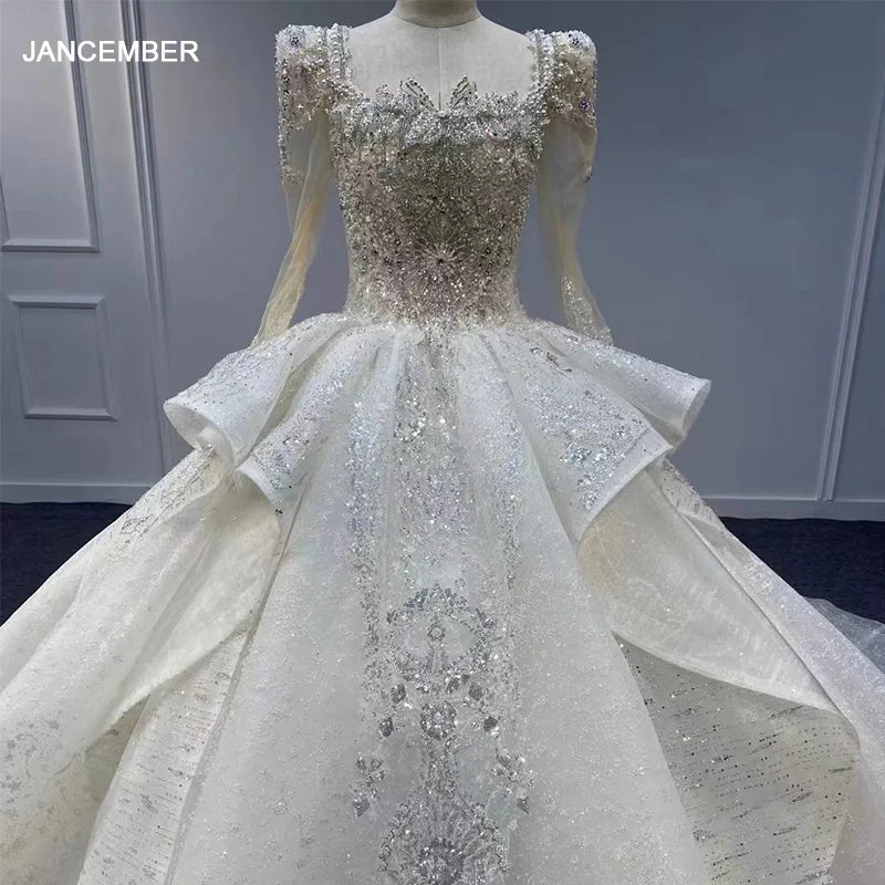 Fashion For Every Occasion Jancember Elegant Princess Wedding Dresses For Women Floor-Length Square Collar Sequins Wedding Gown Beading robe de mariée