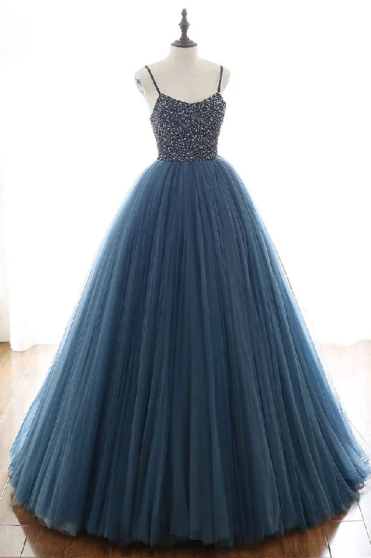 Summer Essentials Navy Blue Ball Gown - Spaghetti Straps Beaded Bodice