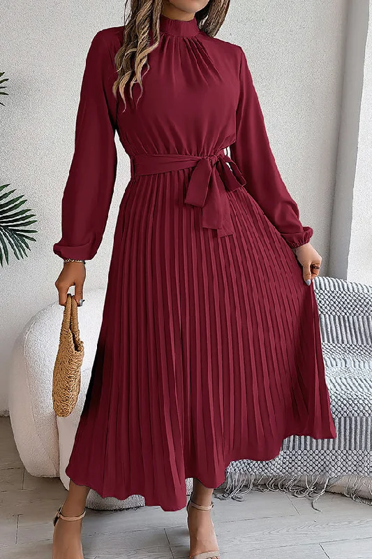 Laid-Back Elegance Elegant Stand-collar Long-sleeve Waisted Tie-up Pleated Midi Dress