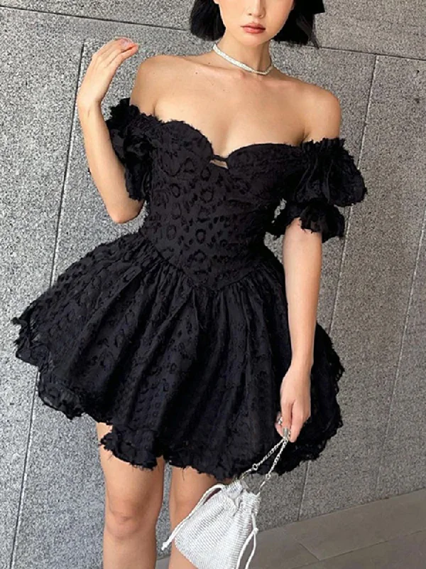 Style Revolution Lolita Summer Vintage High Waist Black Gown Goth Aesthetic Puff Sleeve V-neck Corset Mini Dress