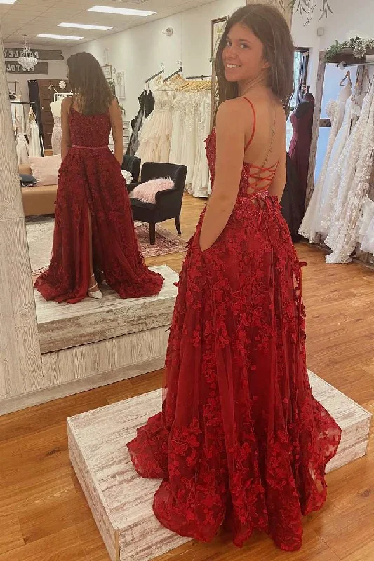 Boho - Chic Festival - Ready Style Red Appliques Round Neck Lace-Up A-Line Prom Gown with Slit