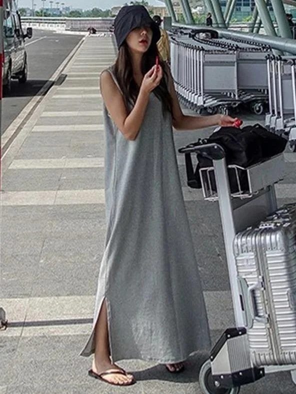 Stylish Women's Apparel Beautiful sleeveless side open cotton summer Tunics gray Maxi Dress