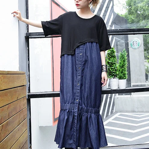 Casual Elegance blue cotton dresses oversized patchwork cotton clothing dresses 2018 Fishtail maxi dresses