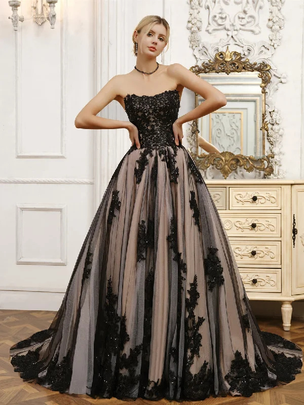 Trend Forward Threads For Her Strapless Tulle Ball Gown Wedding Dresses with Beading & Appliques