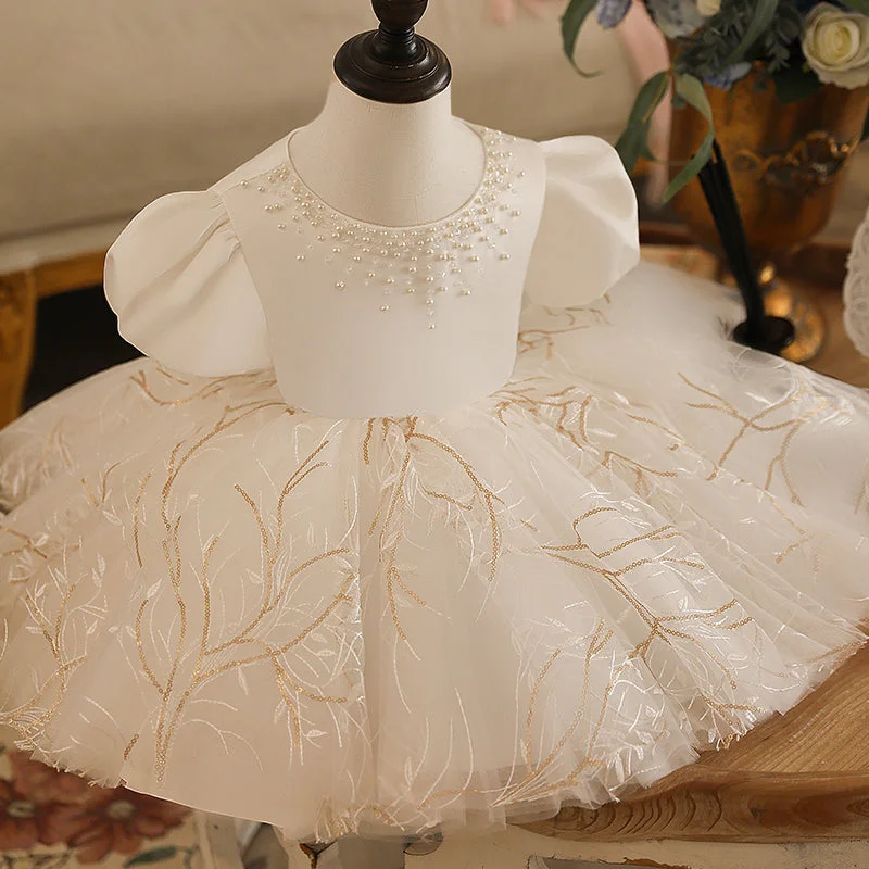 Unleash Your Trendy Side Toddler Ball Gowns Girl Christening Vintage Puff Sleeve Beaded Princess Dress