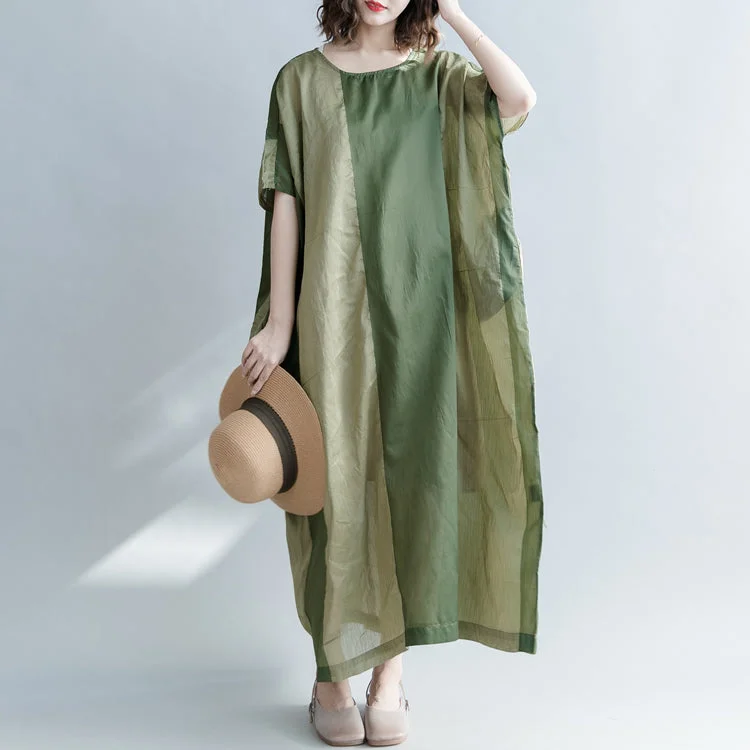 Refined Look Elegant green striped linen blended dresses casual O neck baggy dresses linen blended clothing dress vintage Batwing Sleeve patchwork maxi dresses