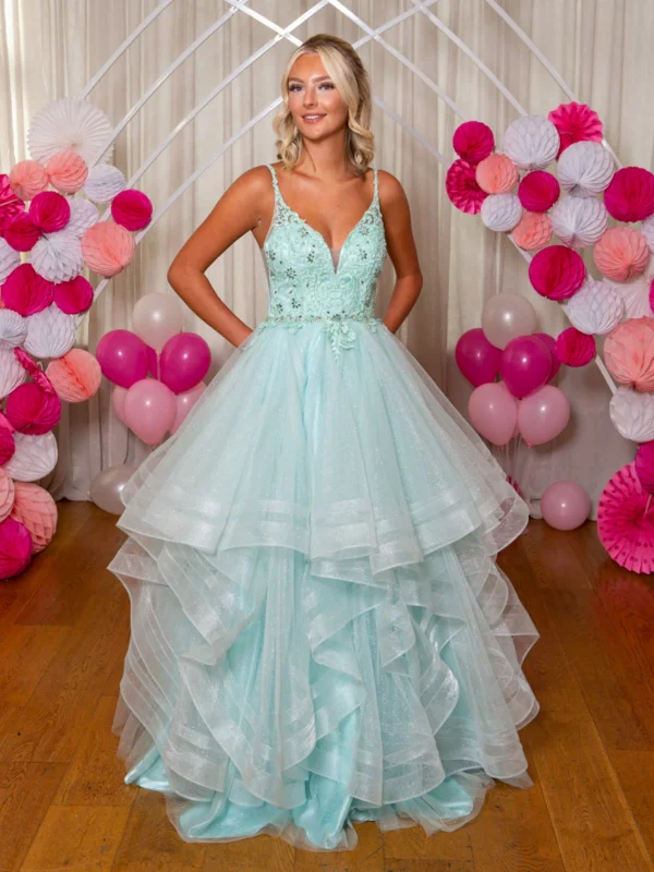 Stylish Looks V Neck Fluffy Mint Green Lace Long Prom Dresses, Mint Green Lace Formal Evening Dresses, Mint Green Ball Gown SP2882