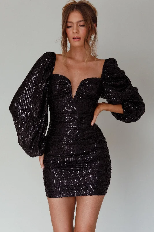 Best Deals Of The Season Jayde Balloon Sleeve Sequin Mini Dress Black