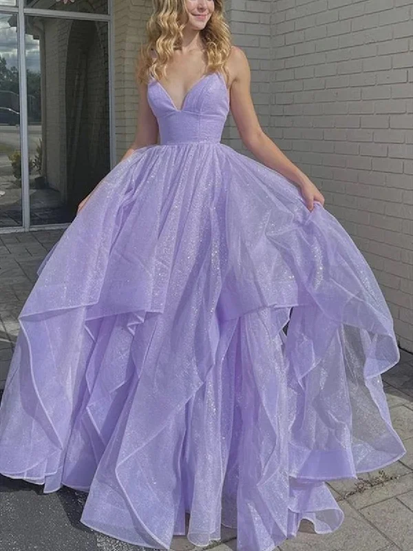 Trendy Aesthetics Shiny V Neck Purple Long Prom Dresses, Fluffy Purple Formal Evening Dresses, Sparkly Ball Gown