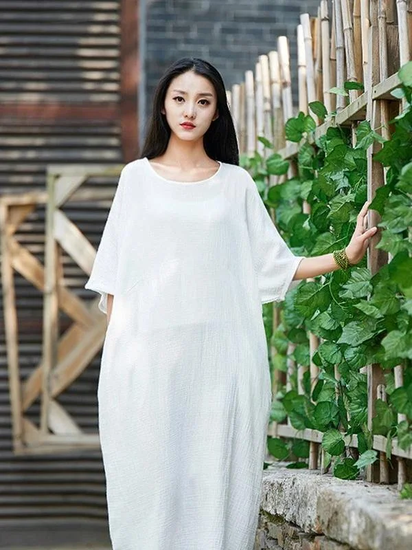 Festival Fashion Handmade white cotton linen clothes For Women o neck half sleeve Maxi Dress