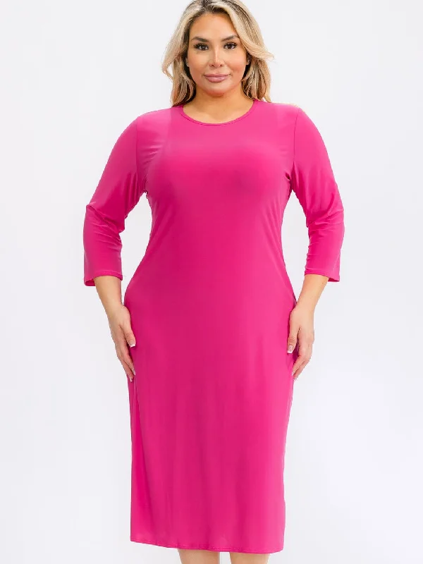 Low Price Special PLUS SIZE 3/4 SLEEVES SOLID MIDI DRESS