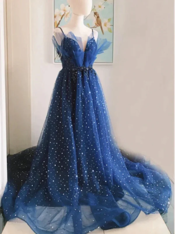 Holiday Attire Sale Gorgeous V Neck Beaded Blue Long Prom Dresses, Long Blue Formal Evening Dresses, Beaded Ball Gown SP2645