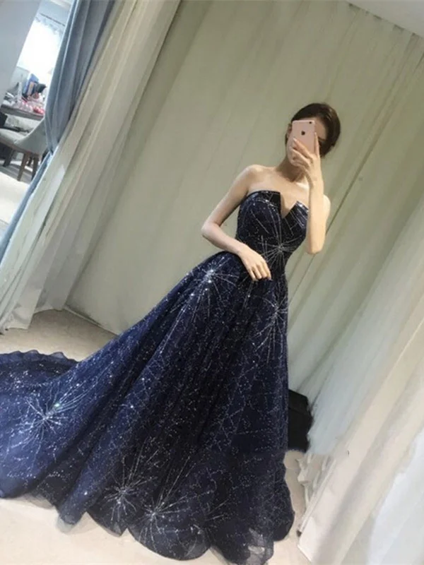 Trendy Pulse Special Navy Blue Prom Gown With Train, Navy Blue Formal Dress, Navy Blue Evening Dress