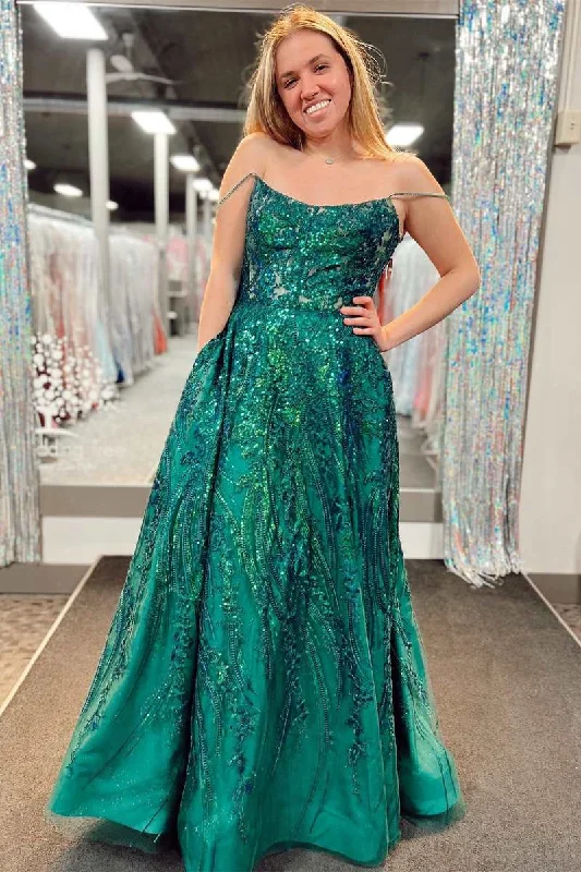 Chic Urban Fashion Look Emerald Green Appliques Lace-Up A-Line Prom Gown