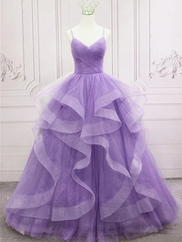 New Styles Just In V Neck Open Back Fluffy Purple Tulle Long Prom Dresses, Purple Tulle Formal Evening Dresses, Purple Ball Gown SP2494