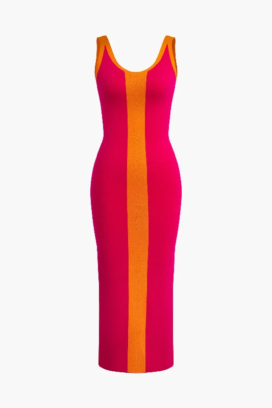 Disco - Inspired Retro Dance Look Contrast Knitted Slit Midi Dress