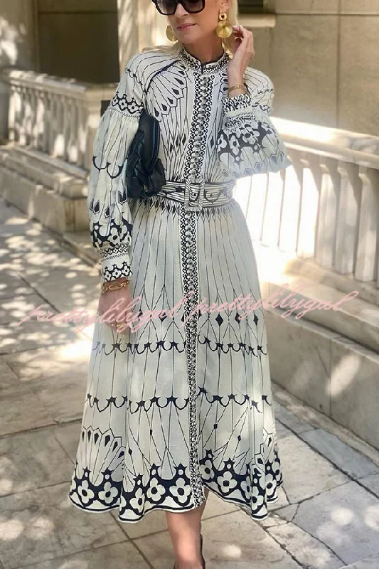 Relaxed Style Perfect for Spring Linen Blend Ethnic Print Button Balloon Sleeve Belted Shirt Midi Dress