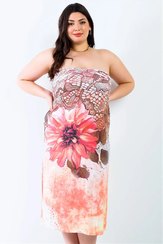 Spring Fashion Plus Peach Flower Print Sleeveless Midi Dress