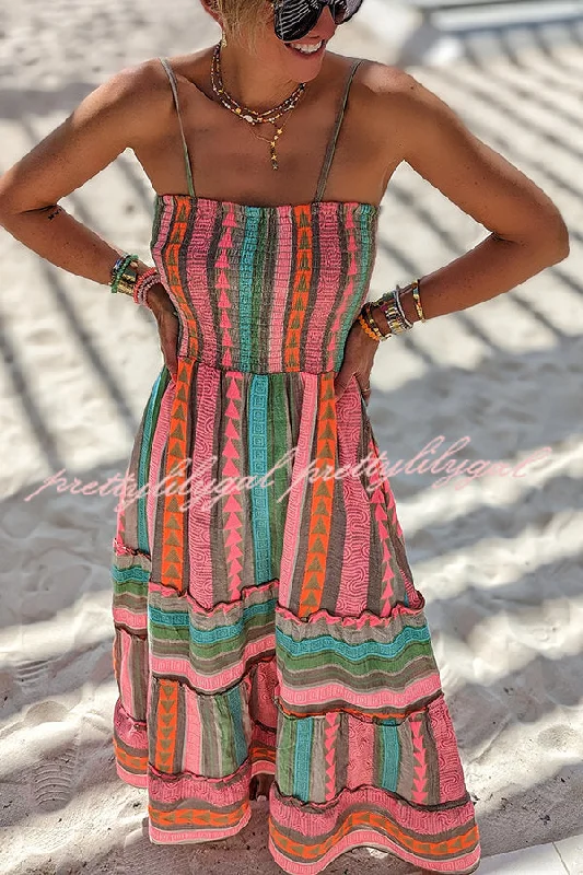 Trendy Street Style Plenty of Sunshine Linen Blend Ethnic Print Smocked Cami Midi Dress