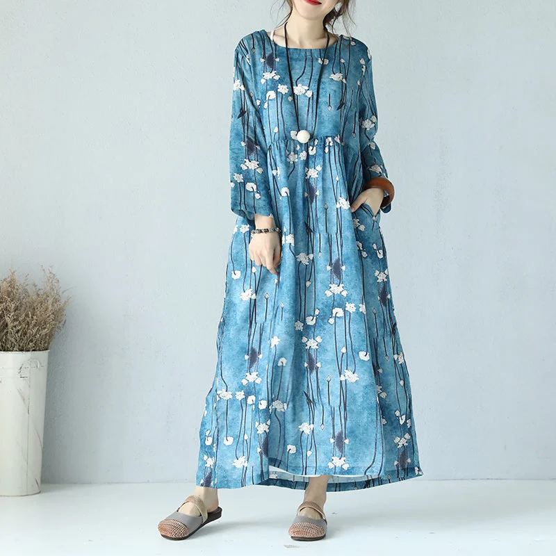 Premium Fabrics fine print linen dress Loose fitting O neck linen maxi dress boutique long sleeve maxi dresses