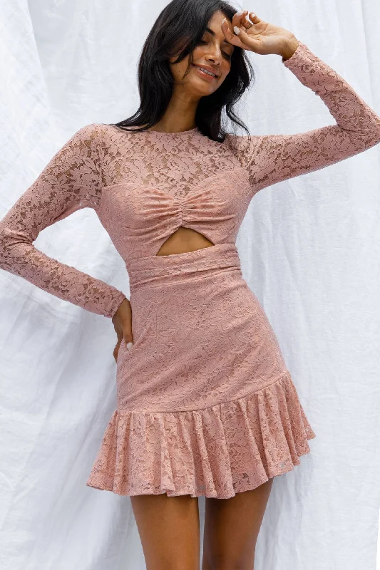 Discover Promotions Hearts Aflutter Long Sleeve Open Back Lace Mini Dress Blush