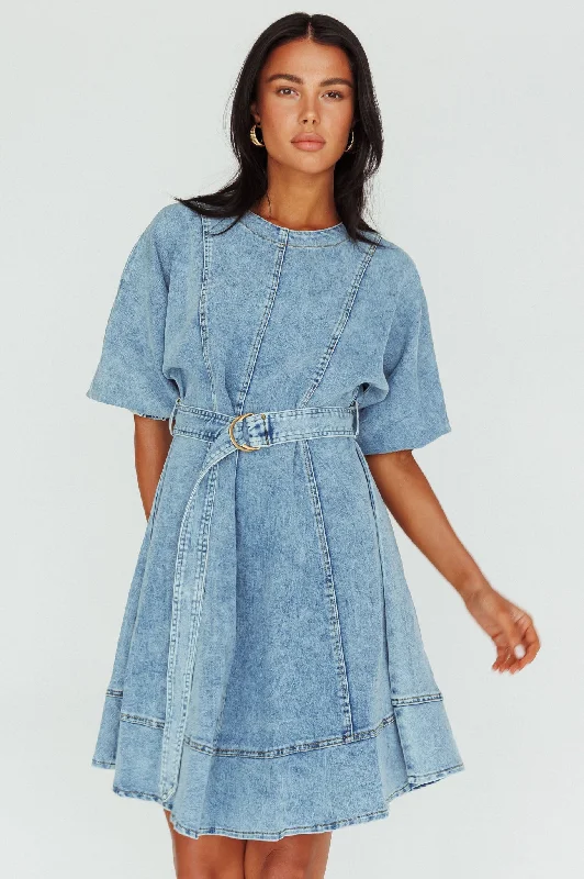 Effortless Sophistication Cadijah Puff Sleeve Belted Mini Dress Denim Blue