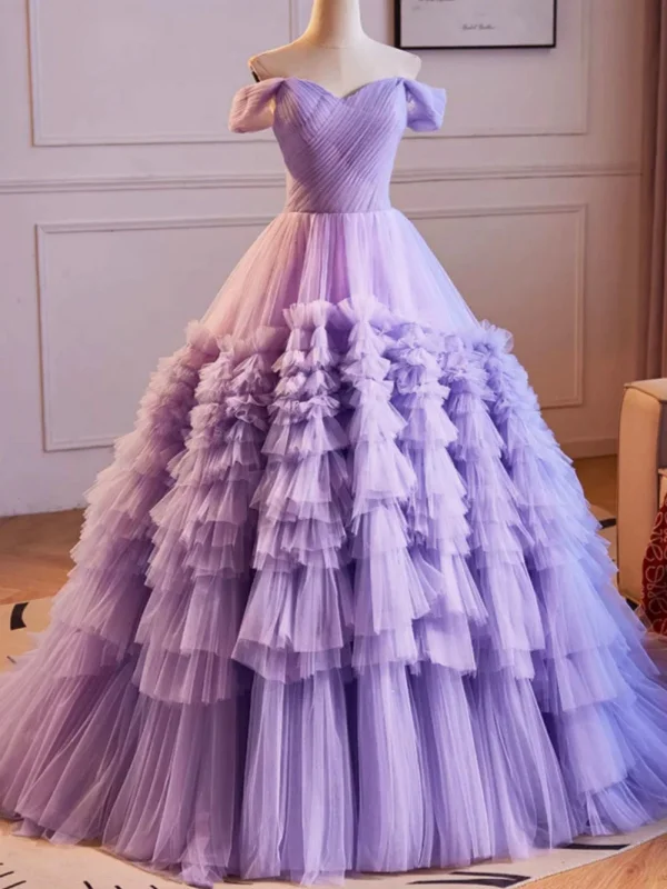 Hot Styles Gorgeous Off the Shoulder Layered Lilac Tulle Long Prom Dresses, Purple Tulle Formal Dresses, Lilac Ball Gown SP2883