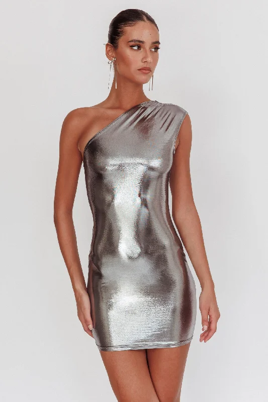 Versatile Outfits Glitter One-Shoulder Mini Dress Silver