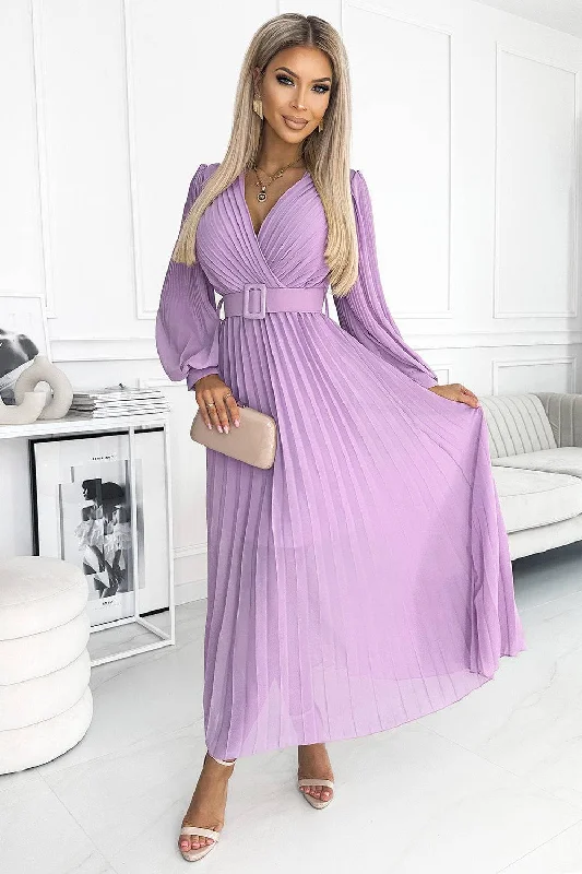 Top Deals Numoco Basic 414-6 KLARA pleated dress with a belt and a neckline - lilac color Top Deals Numoco Basic 414-6 KLARA pleated dress with a belt and a neckline - lilac color