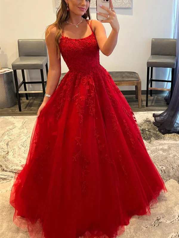 Budget Saver Backless Red Tulle Lace Long Prom Dresses, Red Lace Formal Evening Dresses, Red Ball Gown SP2399