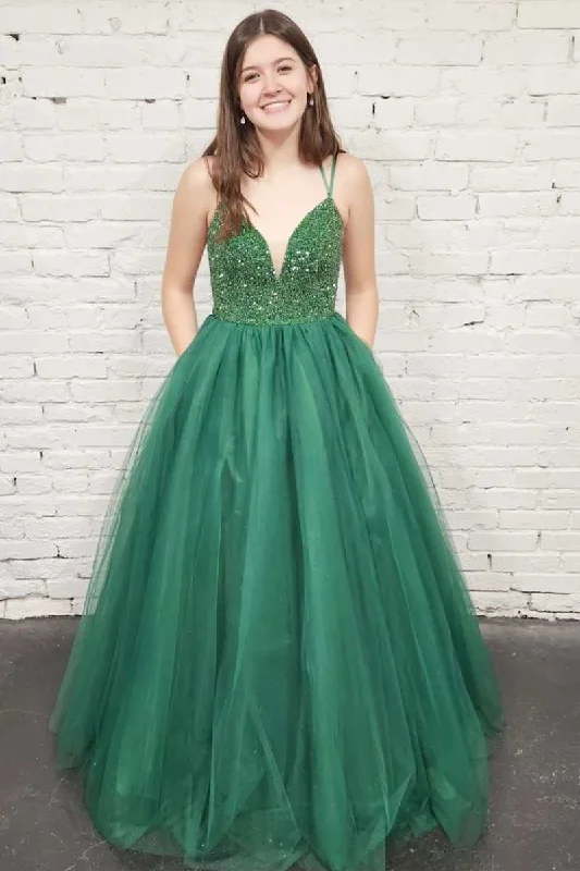 Tropical Island - Inspired Attire Green Tulle Sequin Lace-Up Back A-Line Prom Gown