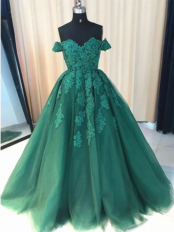 Sale Event, Prices Rock Off the Shoulder Beaded Emerald Green Lace Long Prom Dresses, Off Shoulder Green Lace Formal Evening Dresses, Green Ball Gown